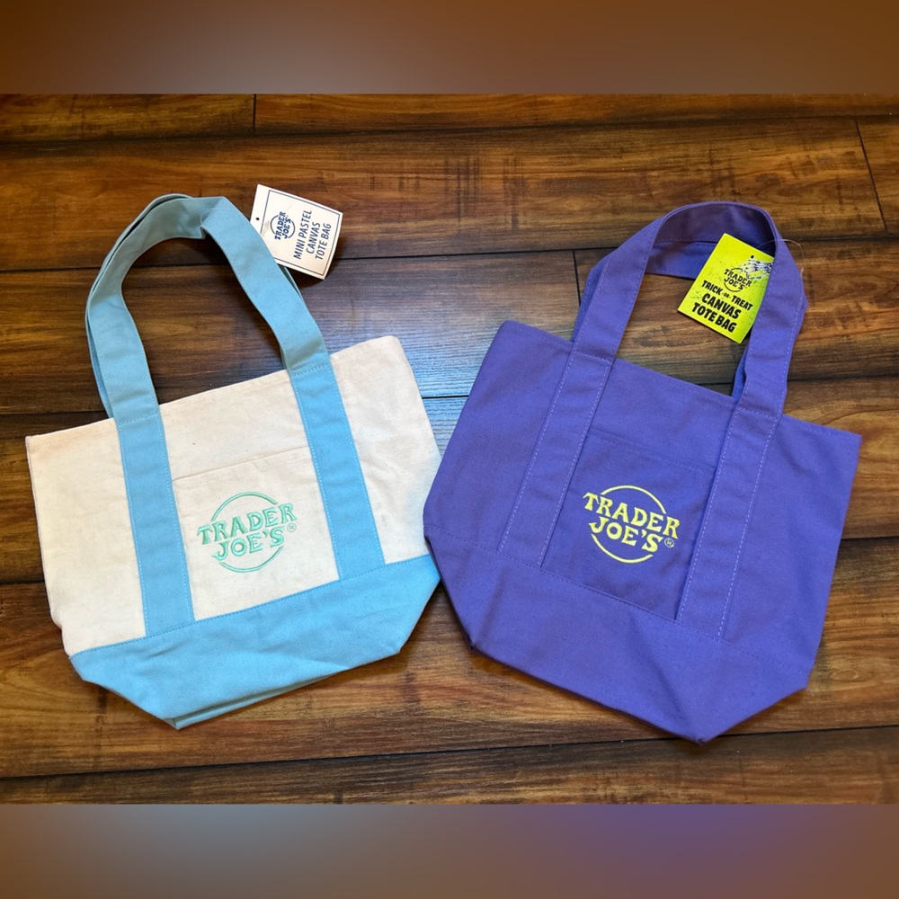 TWO Trader Joe's Mini Canvas Tote Bags in Pastel Blue and Purple NEW